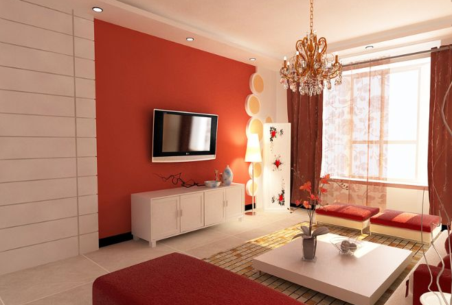 白色為主,點綴一些紅色電視背景墻
