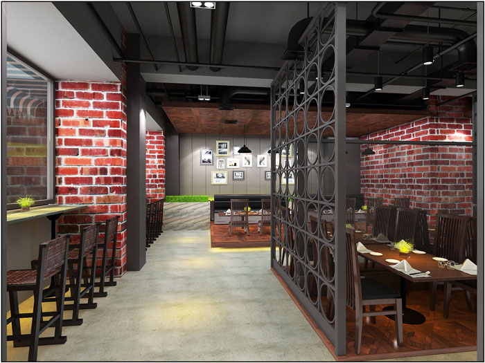 港式工廠風(fēng)主題餐廳過道區(qū)域裝修設(shè)計(jì)案例效果圖