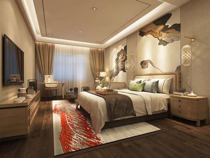 中式風格精品酒店單人客房裝修設計案例效果圖