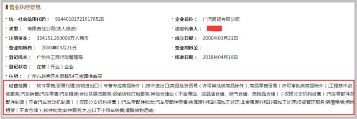 廣汽商貿公司營業范圍截圖