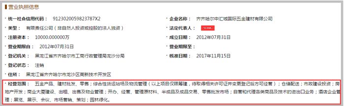 中匯城國際五金建材公司經營范圍截圖