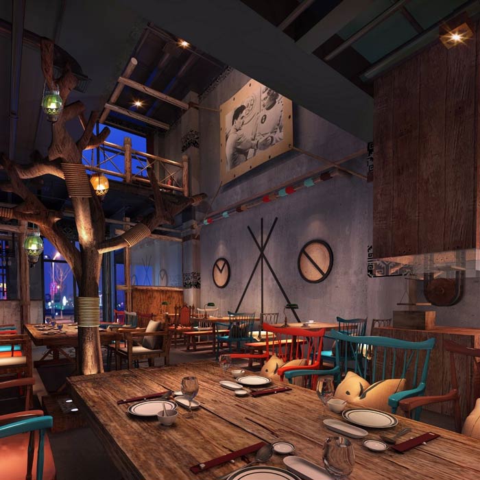 原始燒烤店一樓餐區裝修設計效果圖