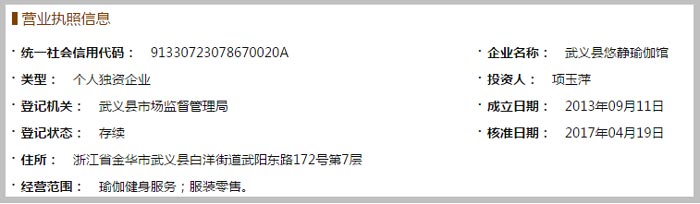 武義縣悠靜瑜伽館營業(yè)執(zhí)照示意圖