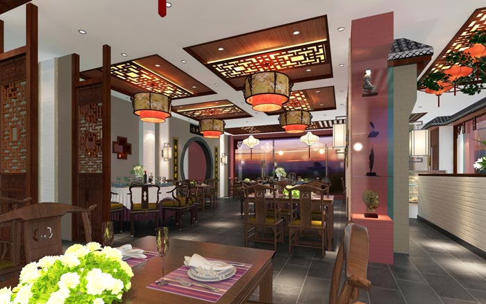 新中式川菜館一樓餐區裝修設計效果圖